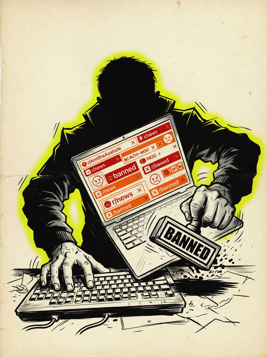 Editorial illustration of an anonymous moderator slamming a BANNED stamp while hiding behind a laptop.